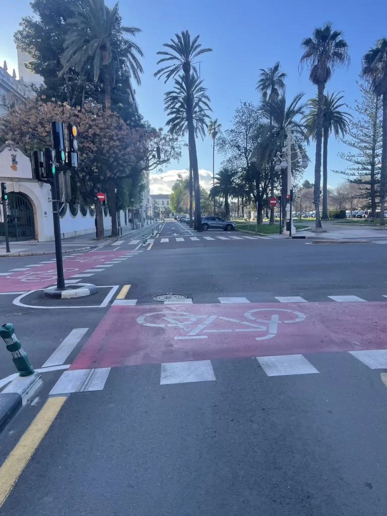 Cruce urbano en Valencia con carril bici y paso de peatones, escenario habitual de accidentes de tráfico.